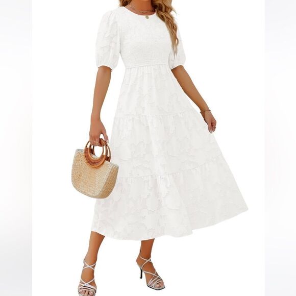 ZESICA FLORAL LACE FLOWY SHORT SLEEVE SMOCKED MIDI DRESS - Picture 3 of 16
